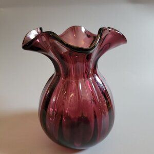 Handblown Amethyst Glass Vase With Ruffled Edge & Ribbed Design